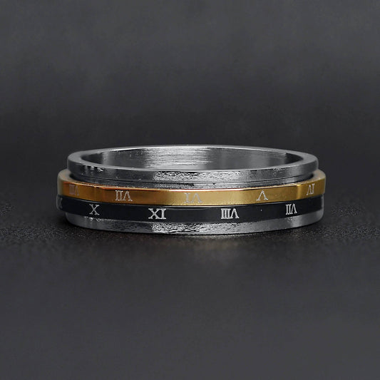 Roman Numerals Gold Black Spinner Stainless Steel Ring