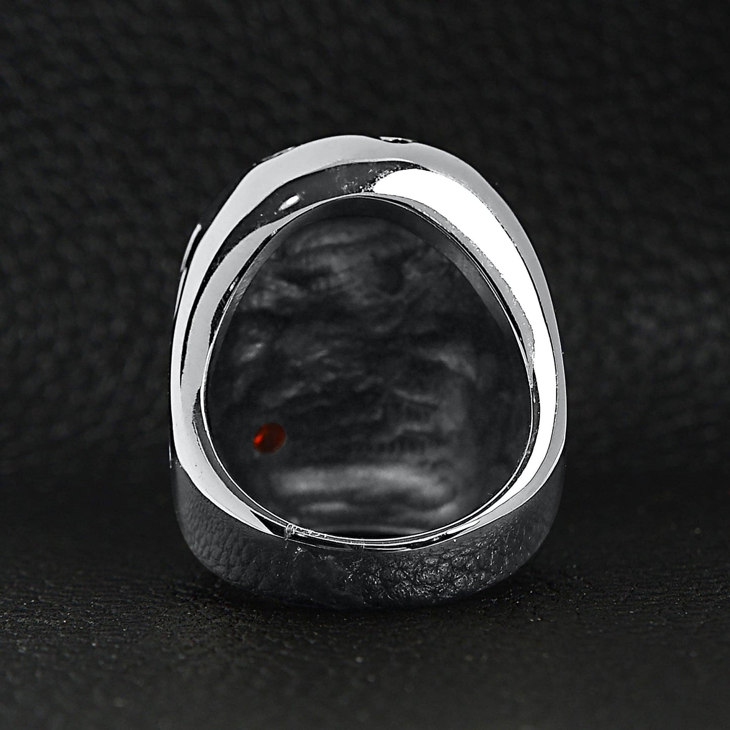 Stainless Steel Skull Biting a Red CZ Accented Rose Ring