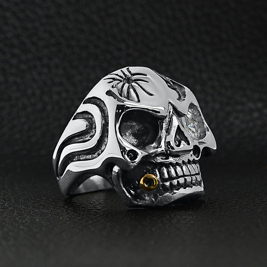 Stainless Steel Skull Smoking 18K Gold PVD Coated Cigar And Single CZ Eye Ring