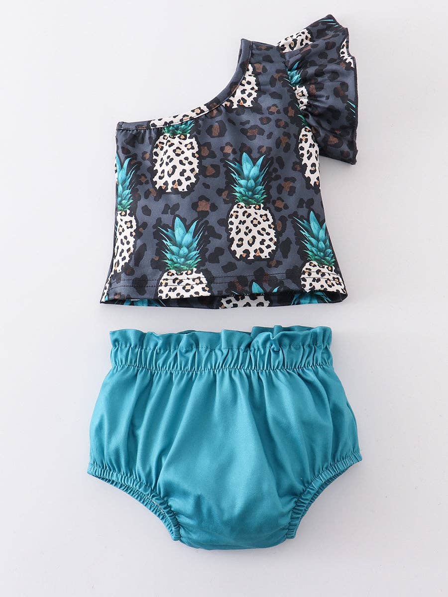 Jungle Chic Ensemble: Black Leopard Pineapple Ruffle One Shoulder Baby Set