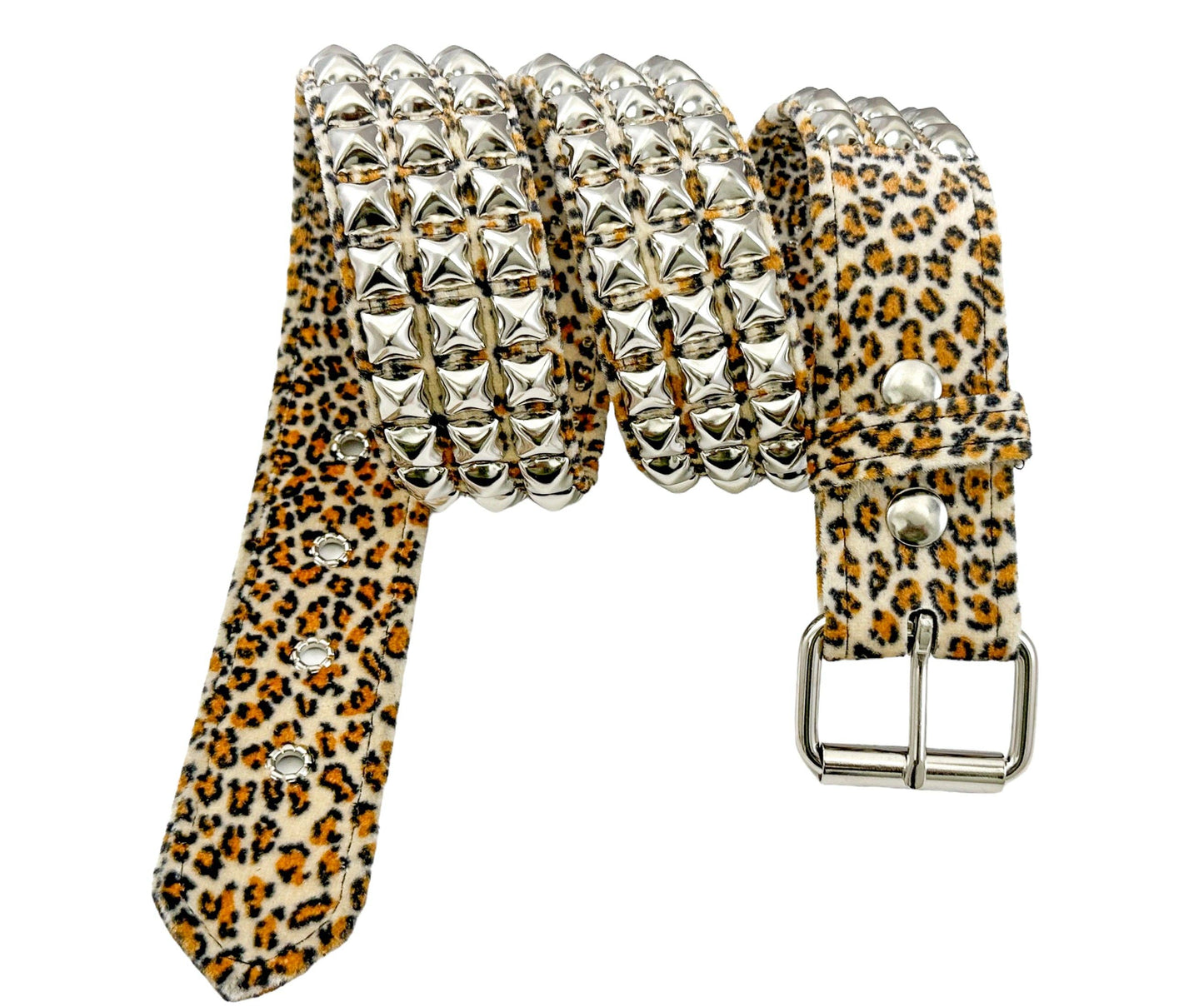 Leopard Fuzzy Fabric Studded Belt