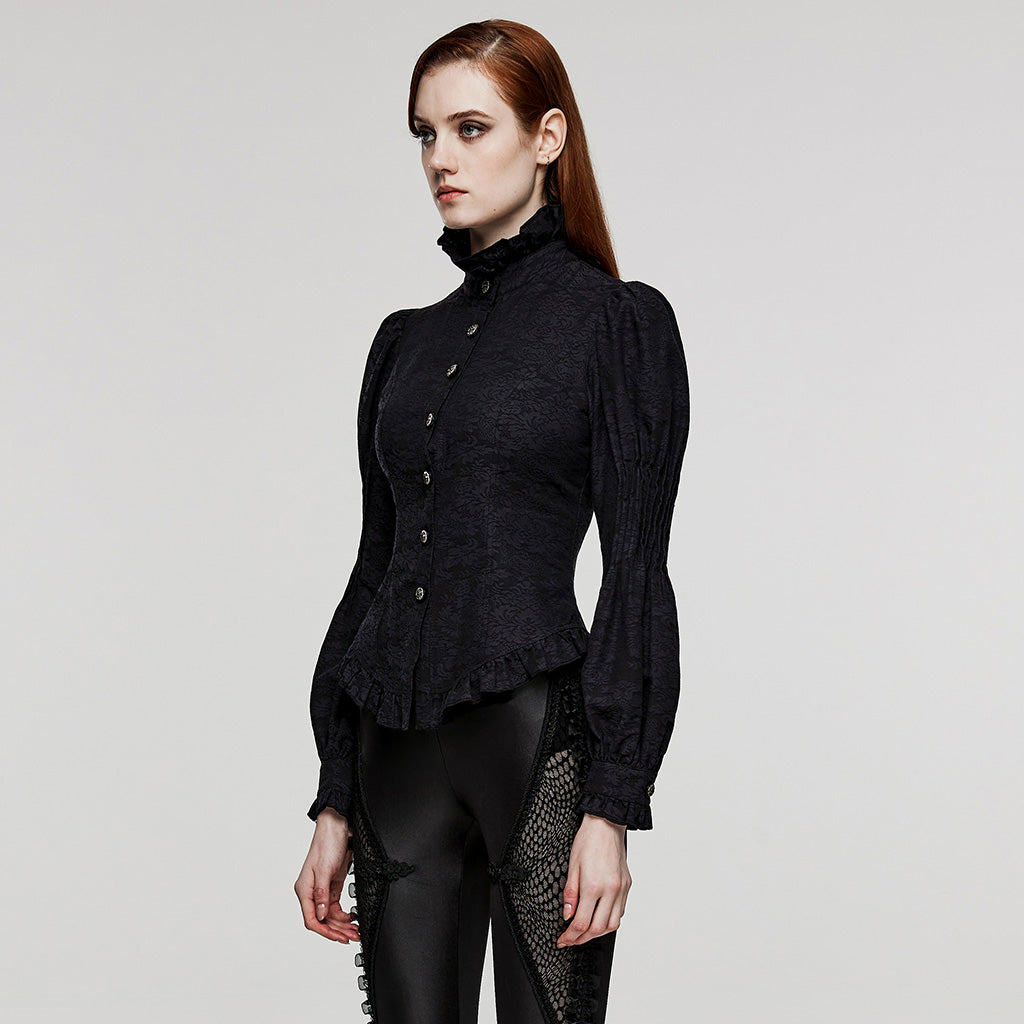 Vintage Court Style Shirt Goth Jacquard Puff Sleeves Stand Collar Shirt Women Slim Fitting Waistband Blouse