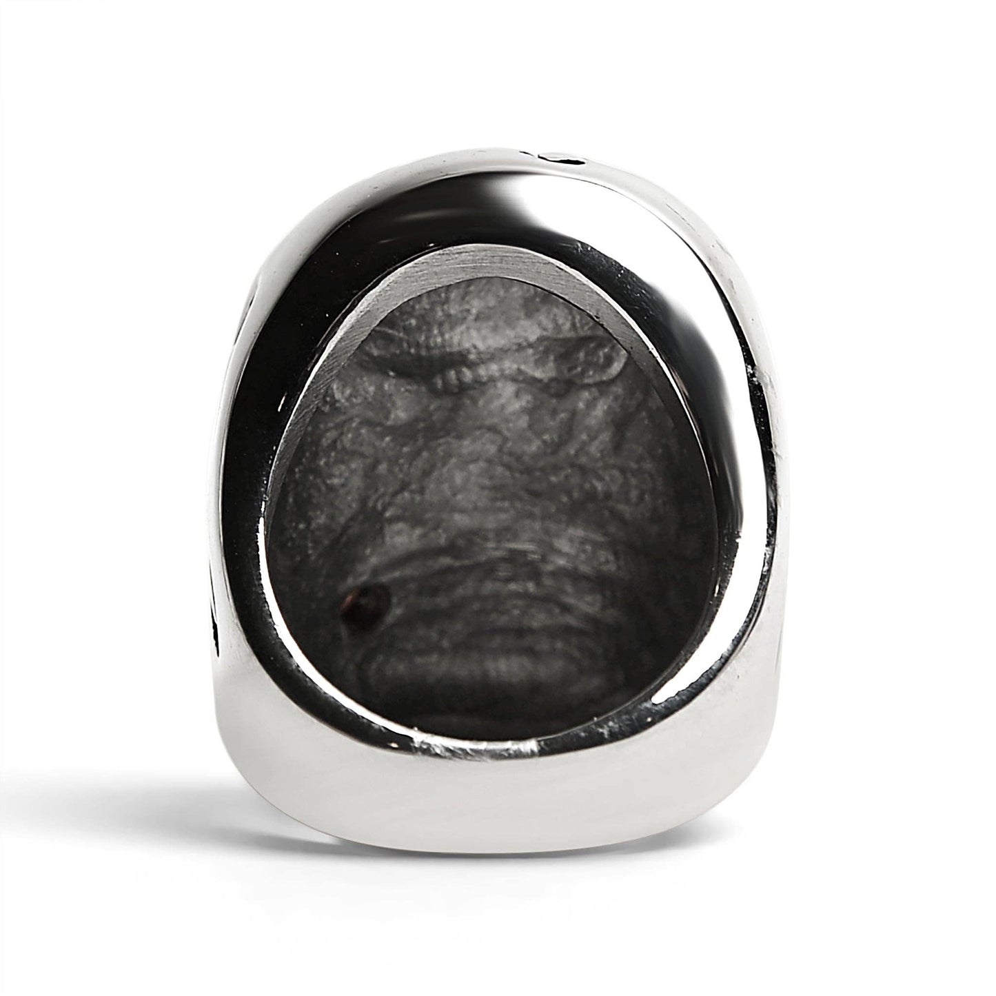 Stainless Steel Skull Biting a Red CZ Accented Rose Ring