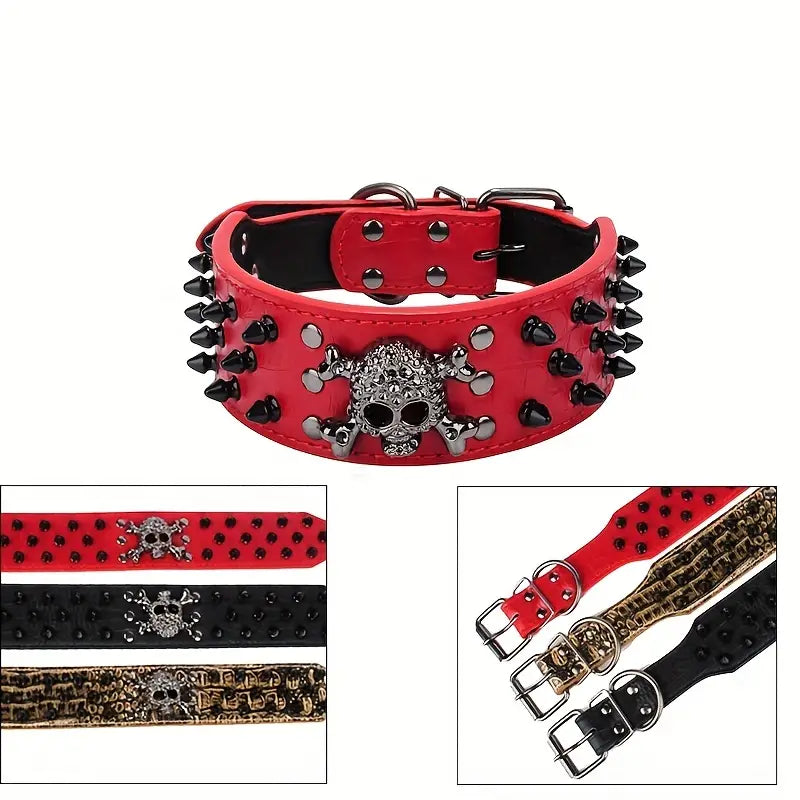 Skull Charm Spiked Pet Collars, 4 colors and 3 sizes