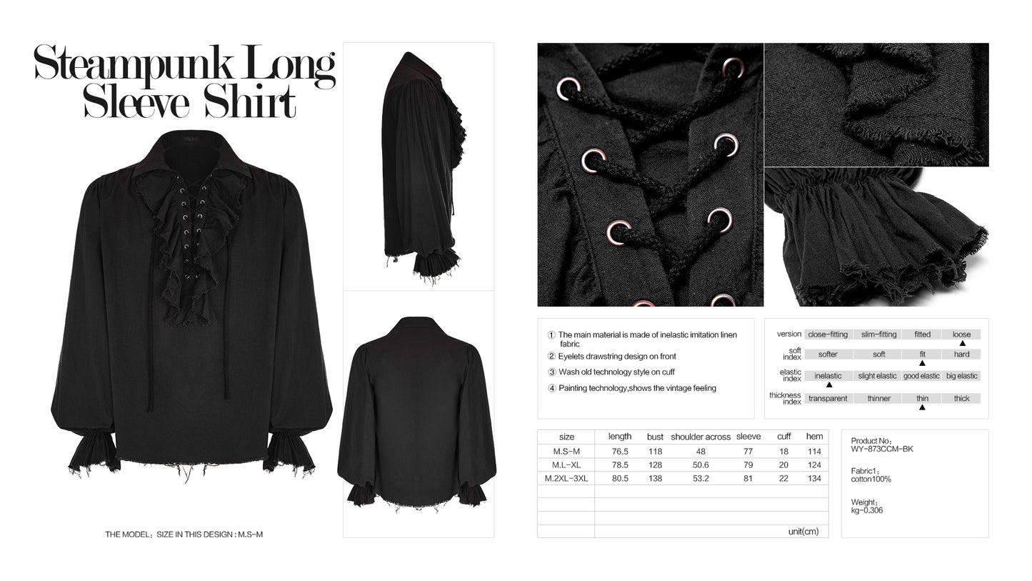 Eyelets Drawstring Design Inelastic Imitation Linen Fabric Steampunk Long Sleeve Shirt