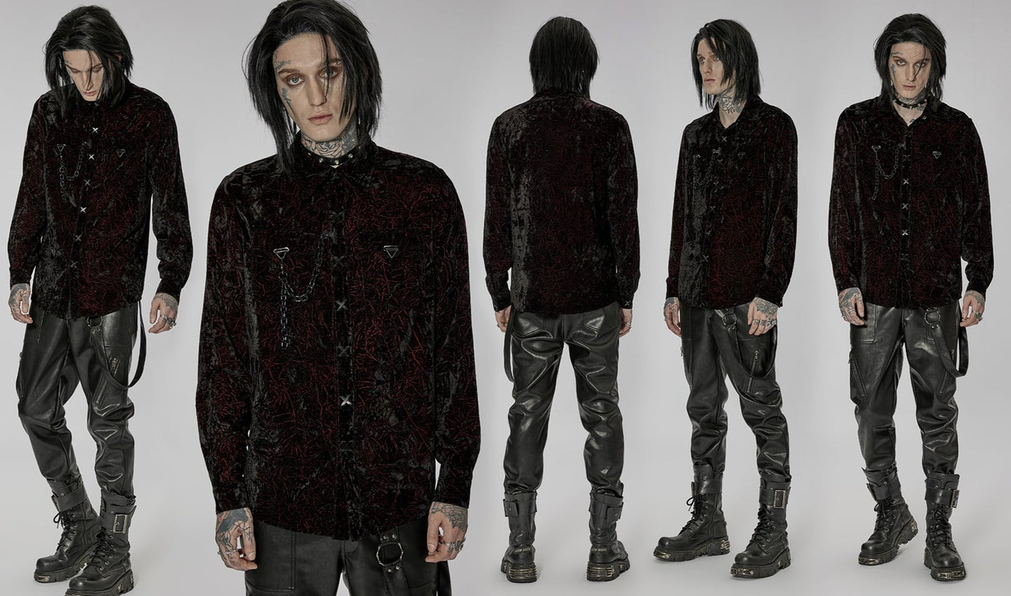 Gothic Dark Red Non-Elastic Velvet Wrinkled Effect Daily Shirt