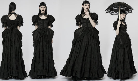 Goth Victorian Gorgeous Lace Evening Party Dress Bubble Sleeves Wedding Ball Gown
