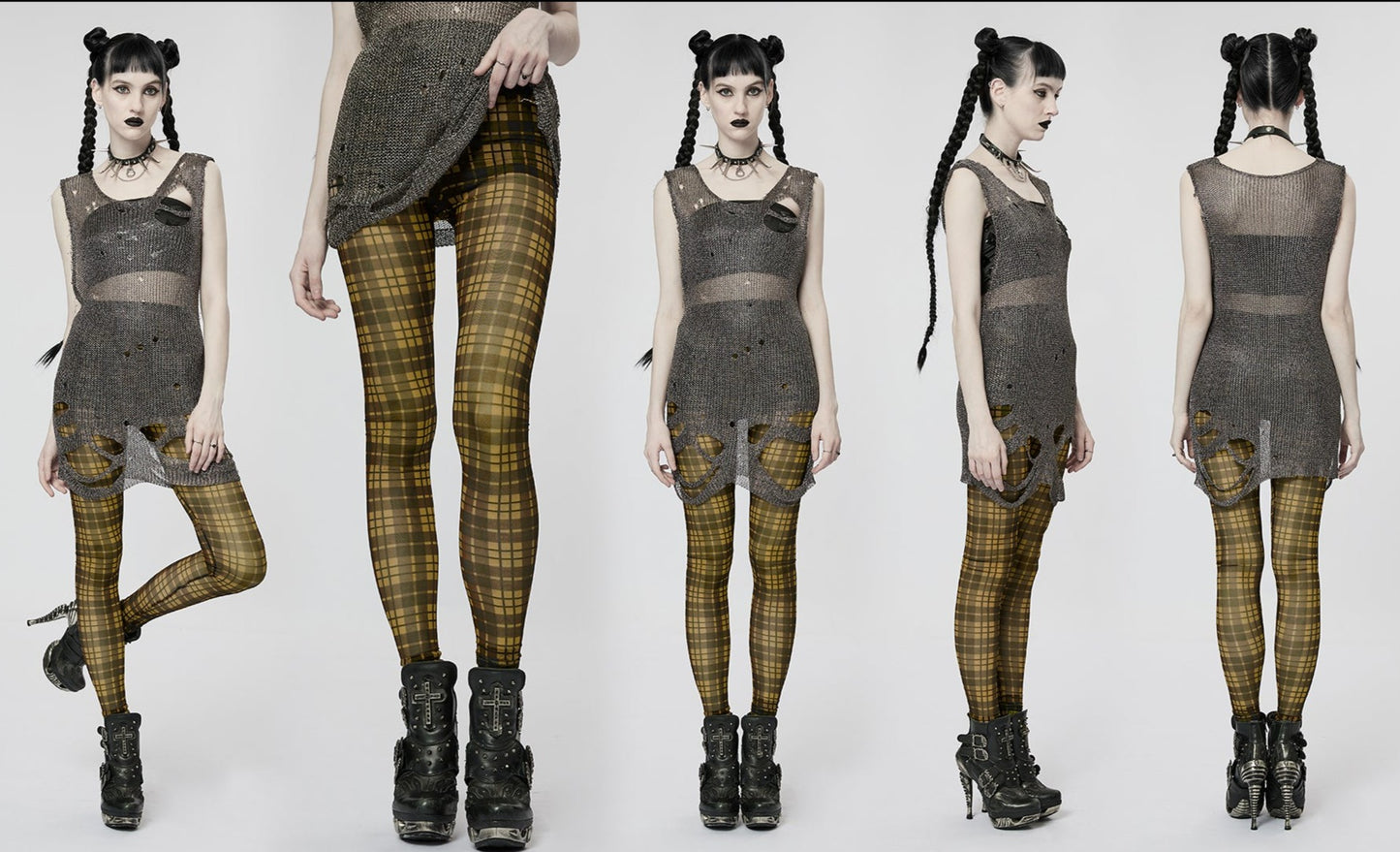 Punk Sexy Elastic Mesh Perspective Yellow Plaid Simple Tight Leggings