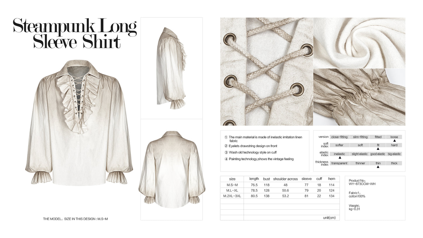 Eyelets Drawstring Design Inelastic Imitation Linen Fabric Steampunk Long Sleeve Shirt