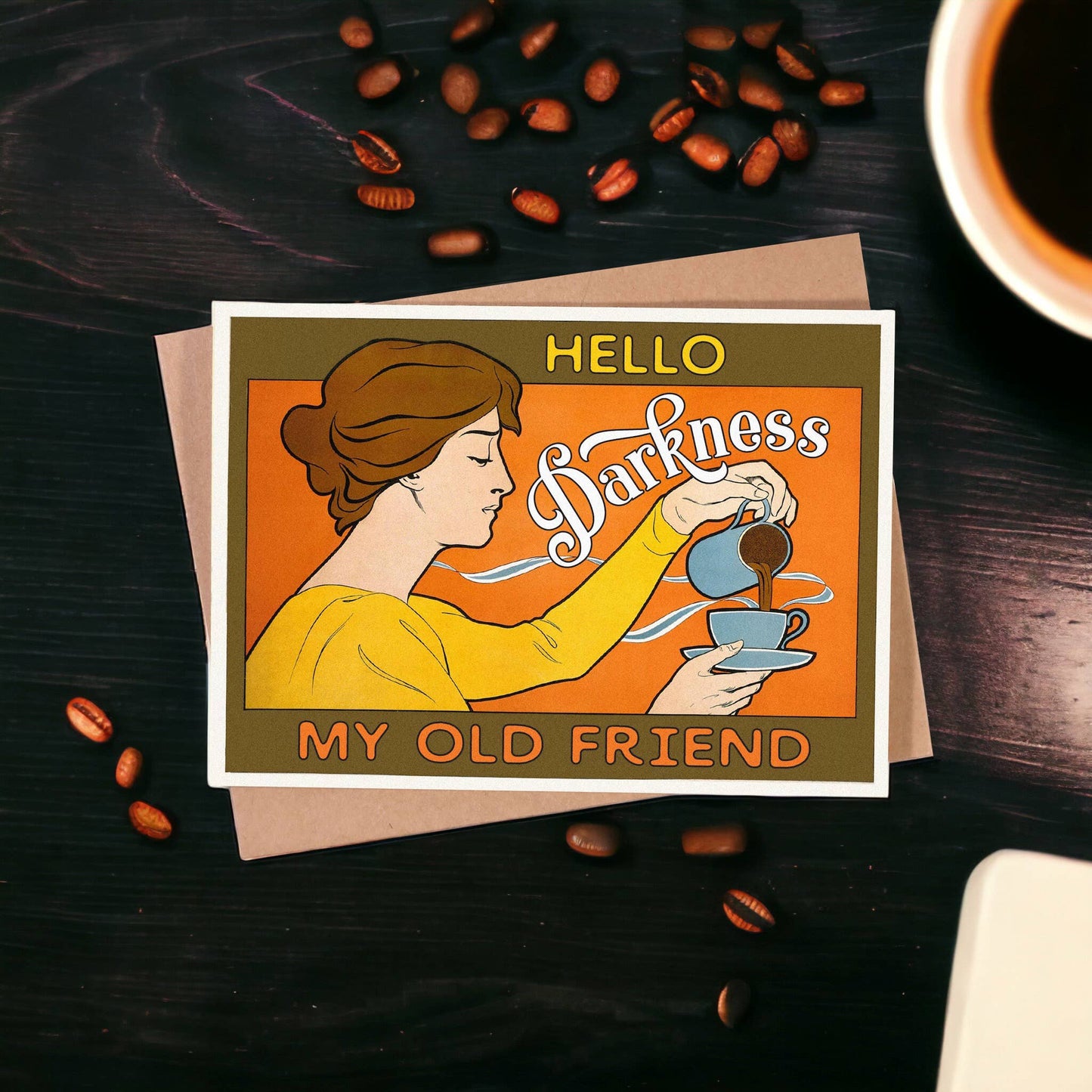 Vintage Coffee Lover Greeting Card "Hello Darkness