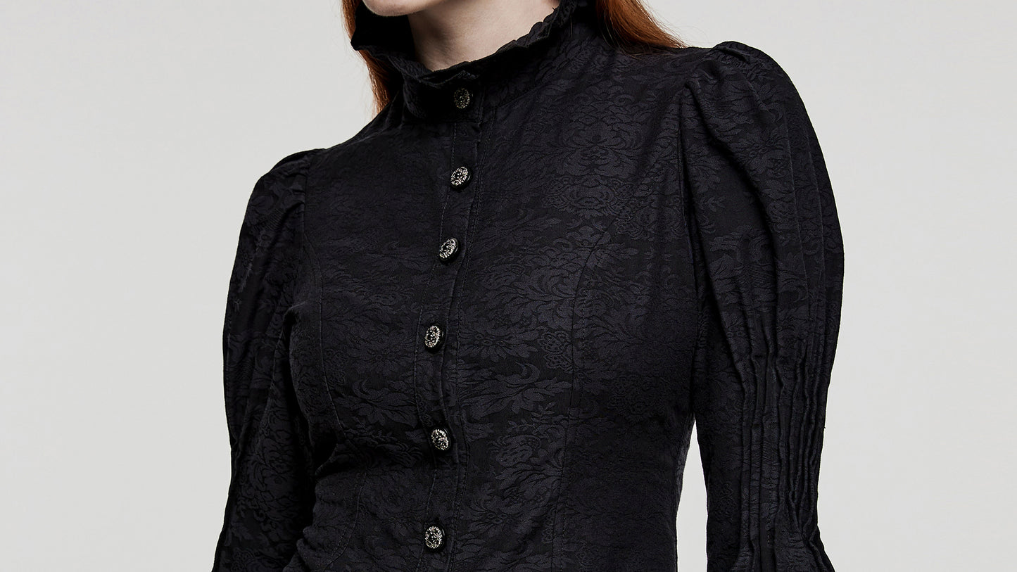 Vintage Court Style Shirt Goth Jacquard Puff Sleeves Stand Collar Shirt Women Slim Fitting Waistband Blouse