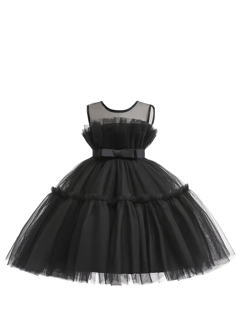 Elegant Black Mesh Ruffled Sleeveless Princess Dress - Youth