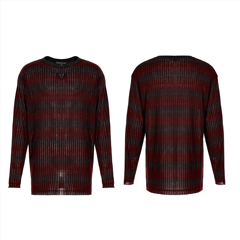 Men Punk Multi Color Daily Simple And Loose Stripe Black-Red Knitted Sweater