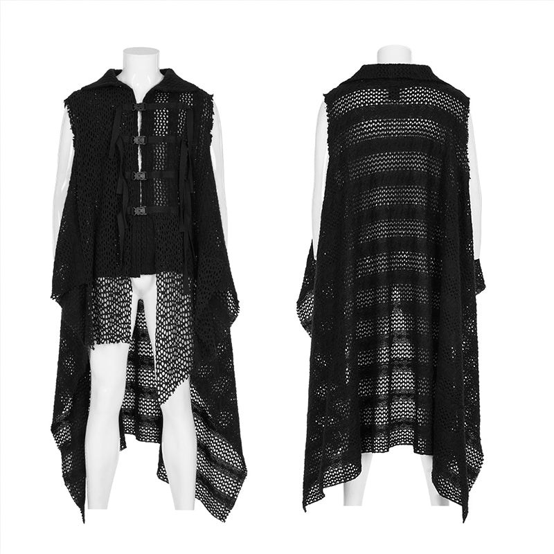 Men Wasted Earth Style Irregular Gauze Splicing Knitted Vest Black Sweater