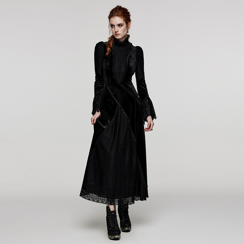 Ruffled Standing Collar With Flared Sleeves Elastic Velvet And Lace Gothic Daily Dress