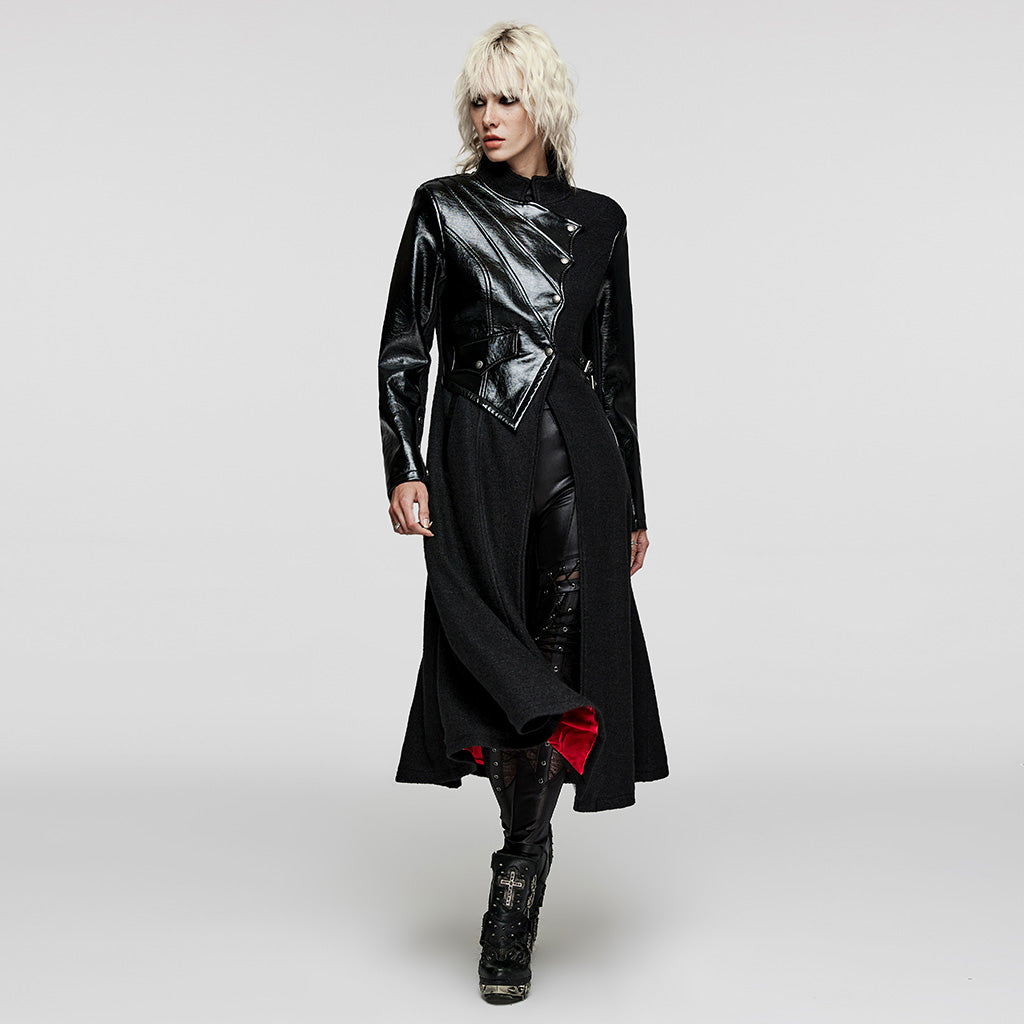 Drawstring Diagonal Pockets Creative Irregular Faux Leather Splicing Faux Leather And Woolen Fabric Gothic Thick Coat