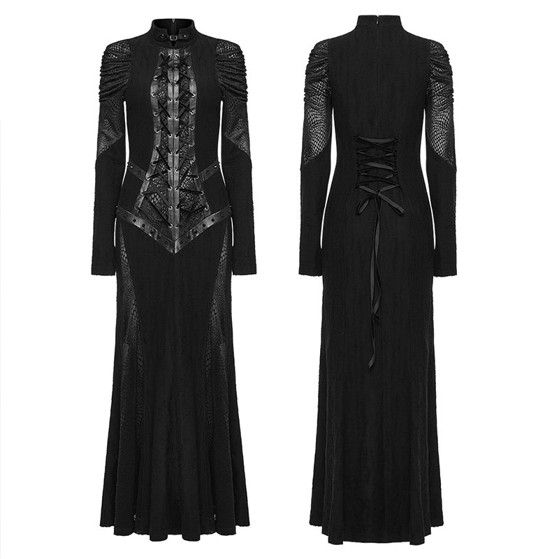 Shaped Standing Neck Elastic Decadent Knit Fabric And Snake Texture Mesh Gothic Decadent Sexy Dress