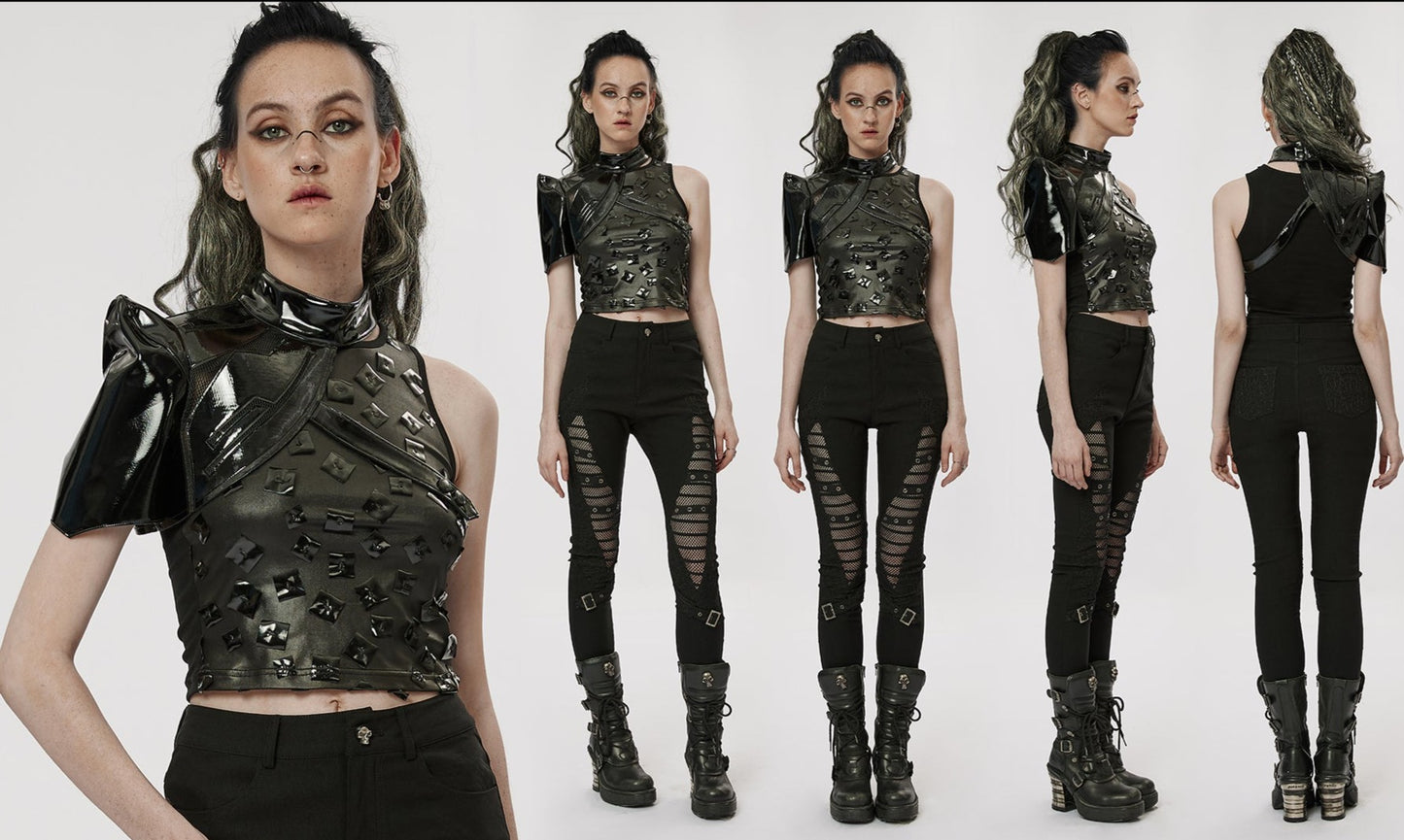 Cyberpunk One-Arm Short Sleeve Jacket Crop Tops Racerback Patent Leather Jacket