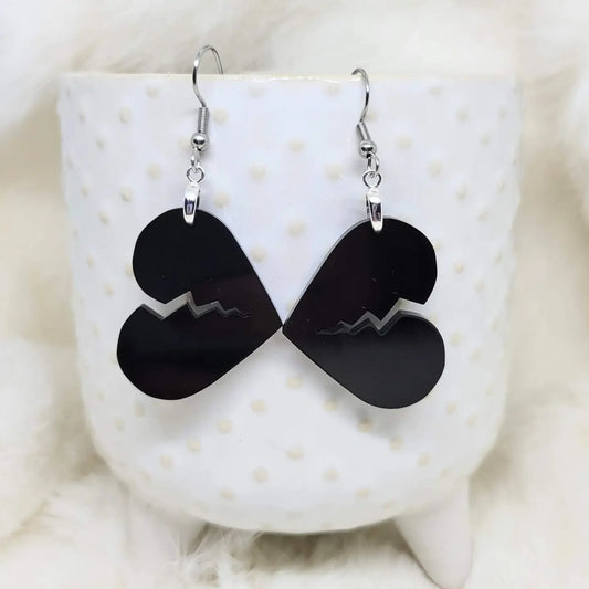 Broken Heart Earrings Black Acrylic