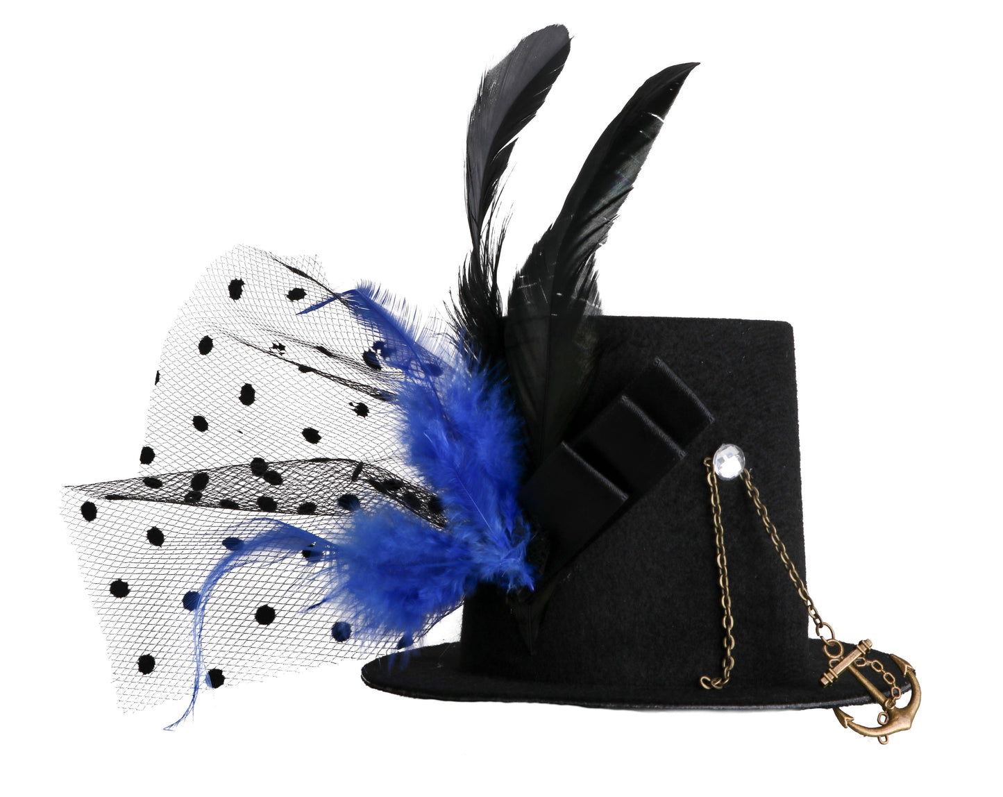 Black Steampunk Mini-Hat With Gears and Feathers