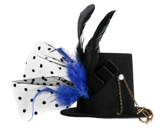 Black Steampunk Mini-Hat With Gears and Feathers