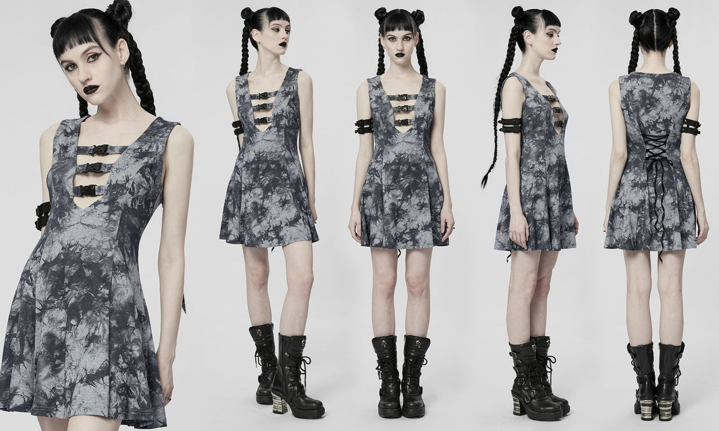 Cyberpunk Tie-Dyed Sleeveless Dress Hot Girl Sexy Hollow Out Velvet Strap Collet Waists A-shaped Skirt