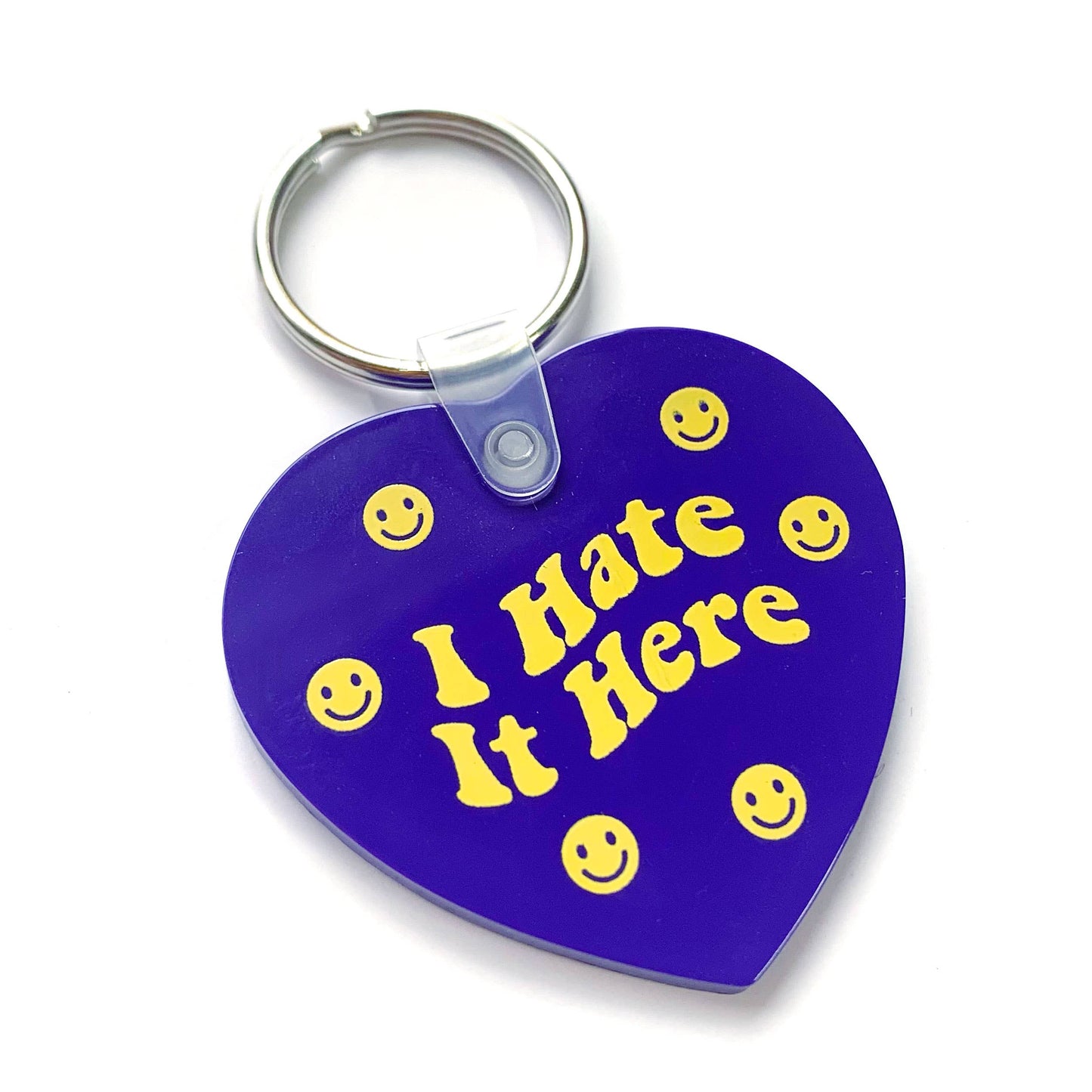 I Hate It Here Purple Happy Face Heart Shaped Vinyl Keychain