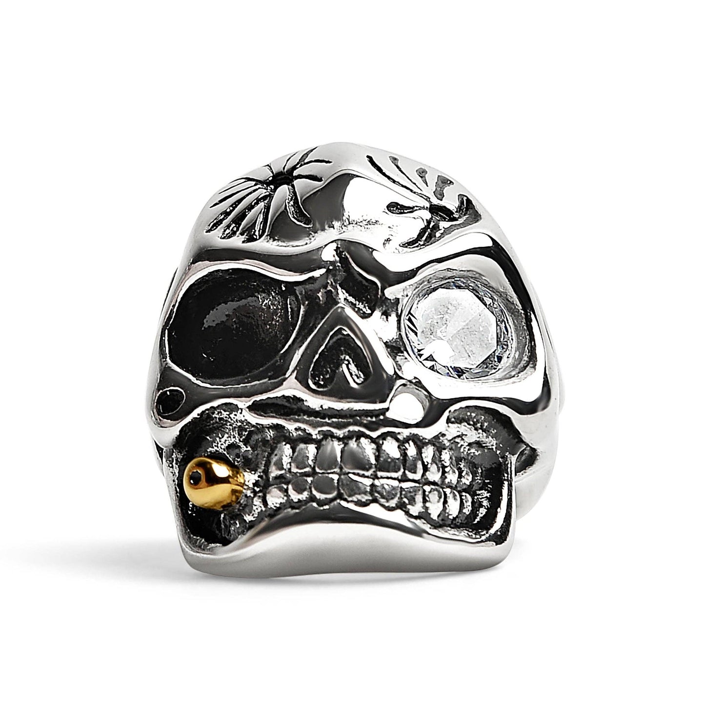 Stainless Steel Skull Smoking 18K Gold PVD Coated Cigar And Single CZ Eye Ring