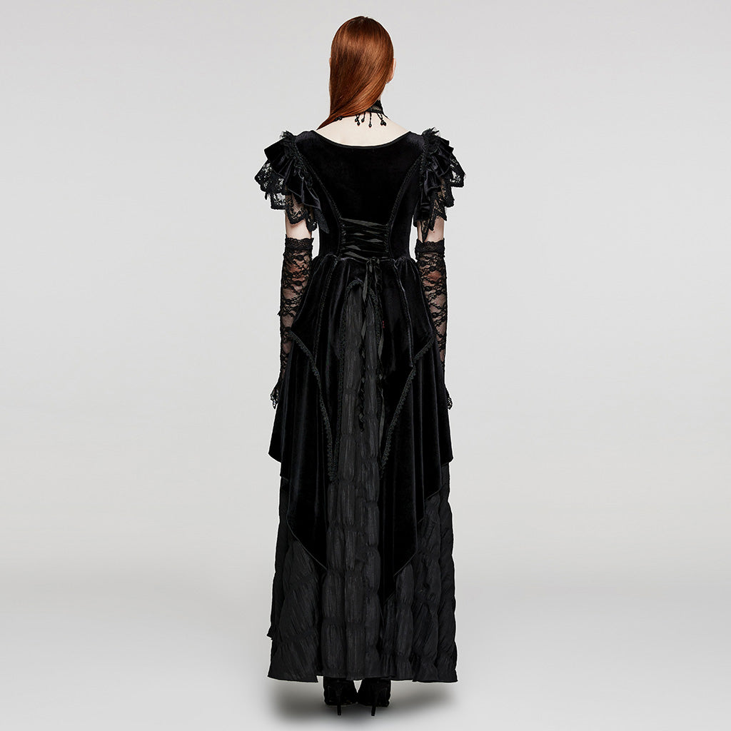 Flying Sleeve Design V-Shaped Applique Elastic Dense Velvet And Woven Pleated Fabric Goth Pointed Dress Skirt