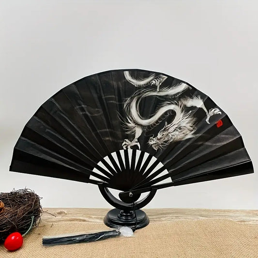 Dragon Dance: Chinese Wooden Folding Fan with Silk Cloth