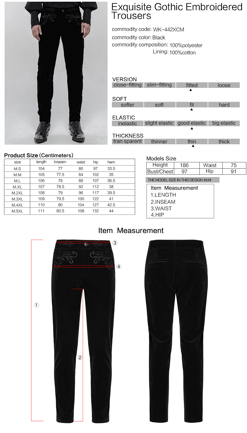 Black Embroidered Pants Exquisite Gothic Trousers