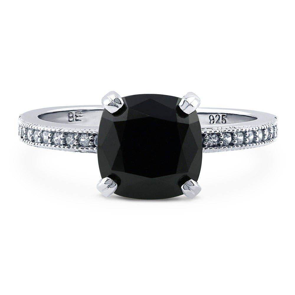 Sterling Silver Solitaire 3ct Black Cushion CZ Ring