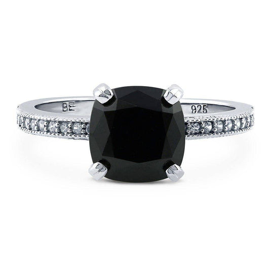Sterling Silver Solitaire 3ct Black Cushion CZ Ring