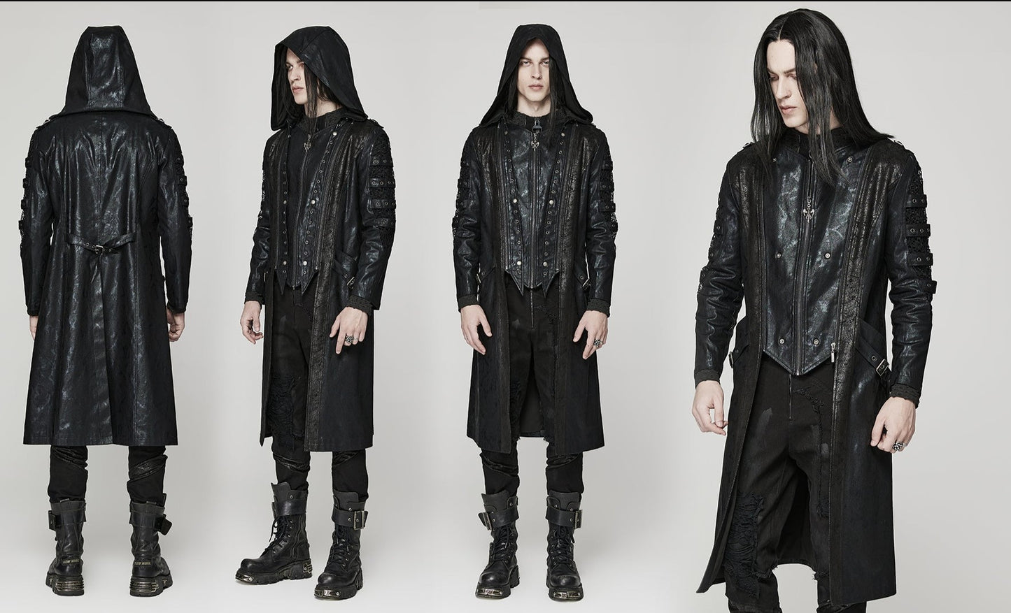 Punk Heavy Industry Hooded PU Zipper Long Jacket