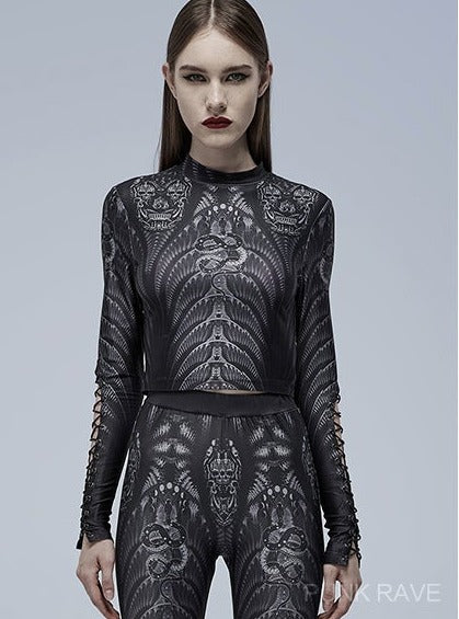 Gothic skeleton print mesh T-shirt