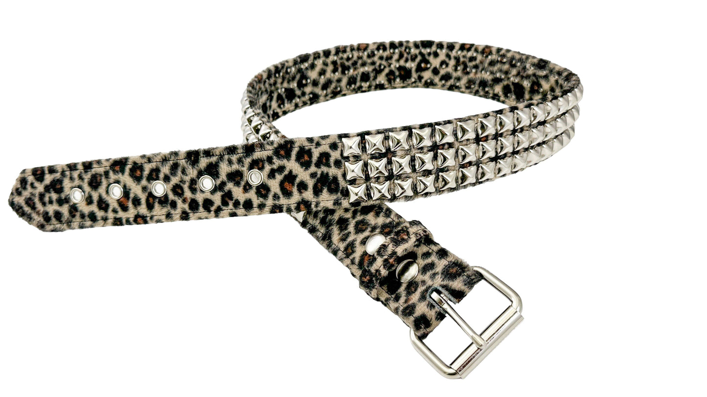 Leopard Fuzzy Fabric Studded Belt