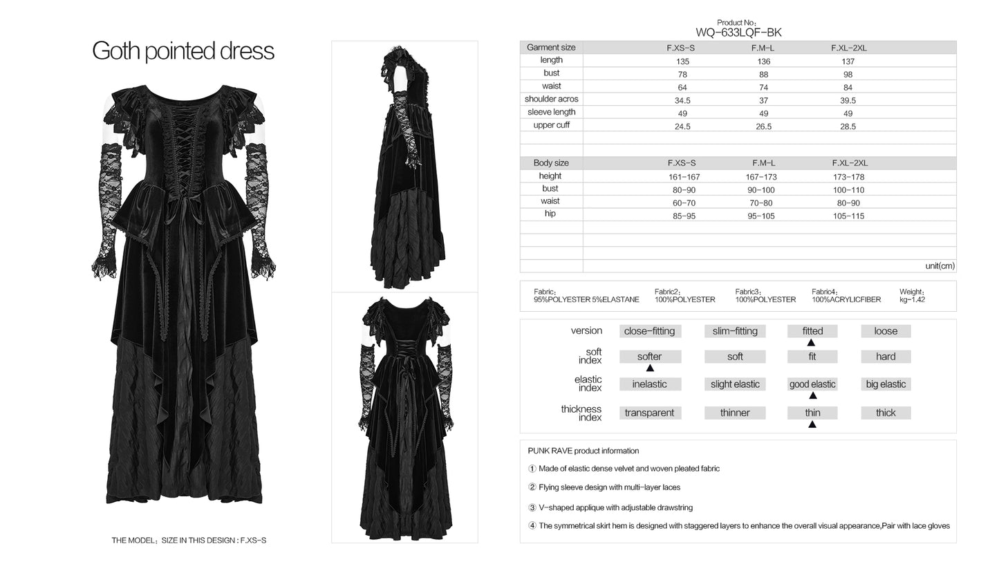 Flying Sleeve Design V-Shaped Applique Elastic Dense Velvet And Woven Pleated Fabric Goth Pointed Dress Skirt