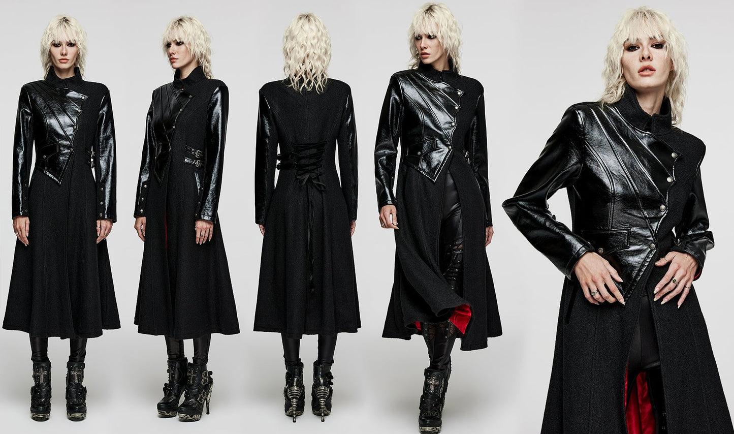 Drawstring Diagonal Pockets Creative Irregular Faux Leather Splicing Faux Leather And Woolen Fabric Gothic Thick Coat