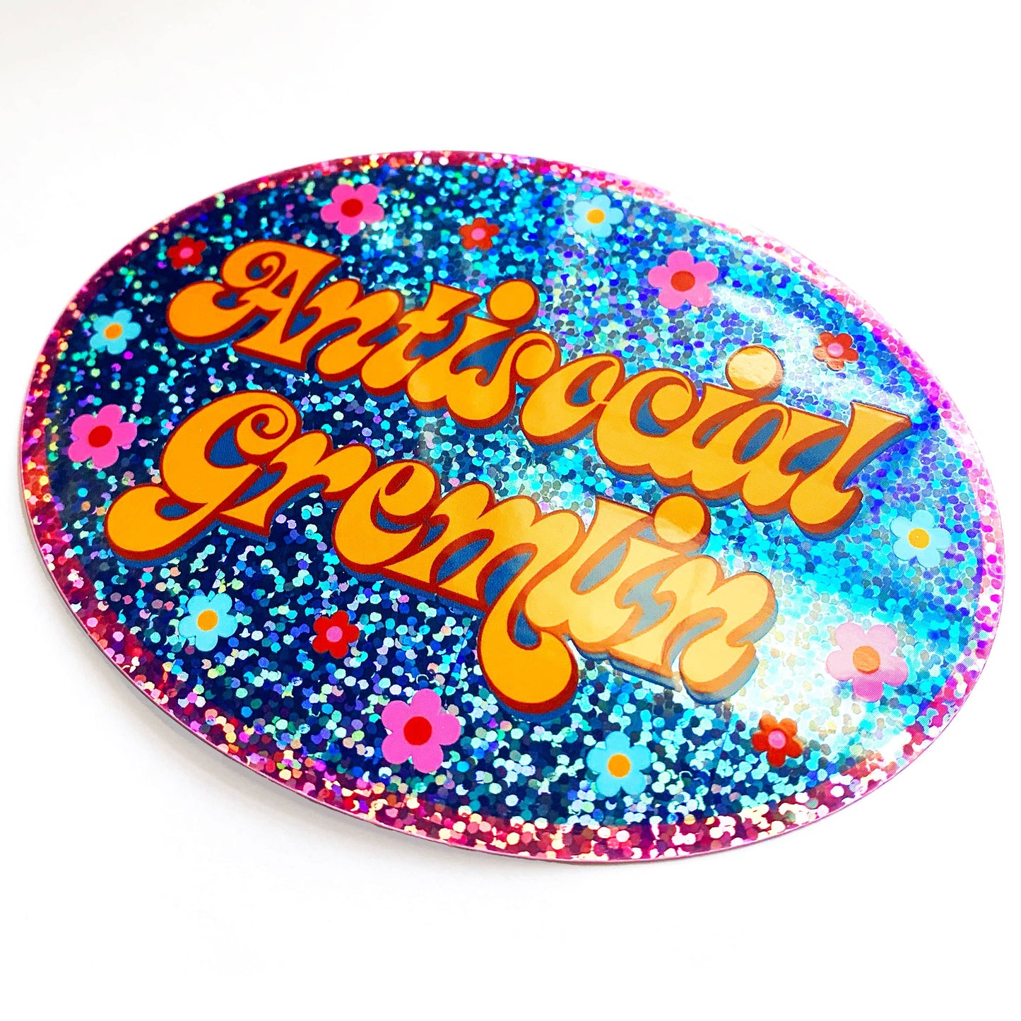 Antisocial Gremlin Retro Oval Holographic Glitter Sticker