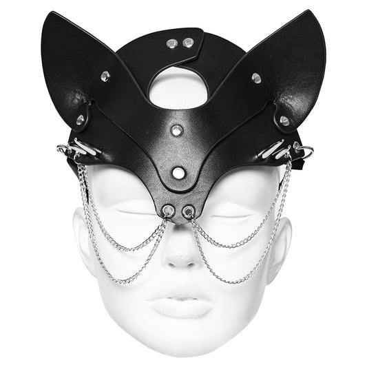 Feline Fatale: Adjustable Faux Leather Fox Mask with Exquisite Double Chains and Stud Decoration
