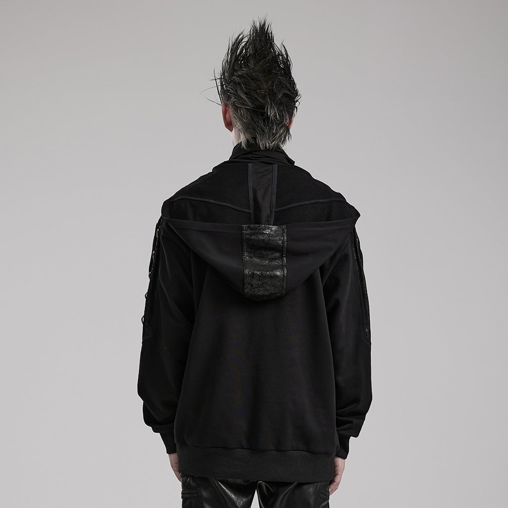 Hooded And Super High Extension Collar Buckle Arrayed Micro-Stretch Jersey And Crackled Faux Leather Fabric Punk Distinctive Loose Sweater