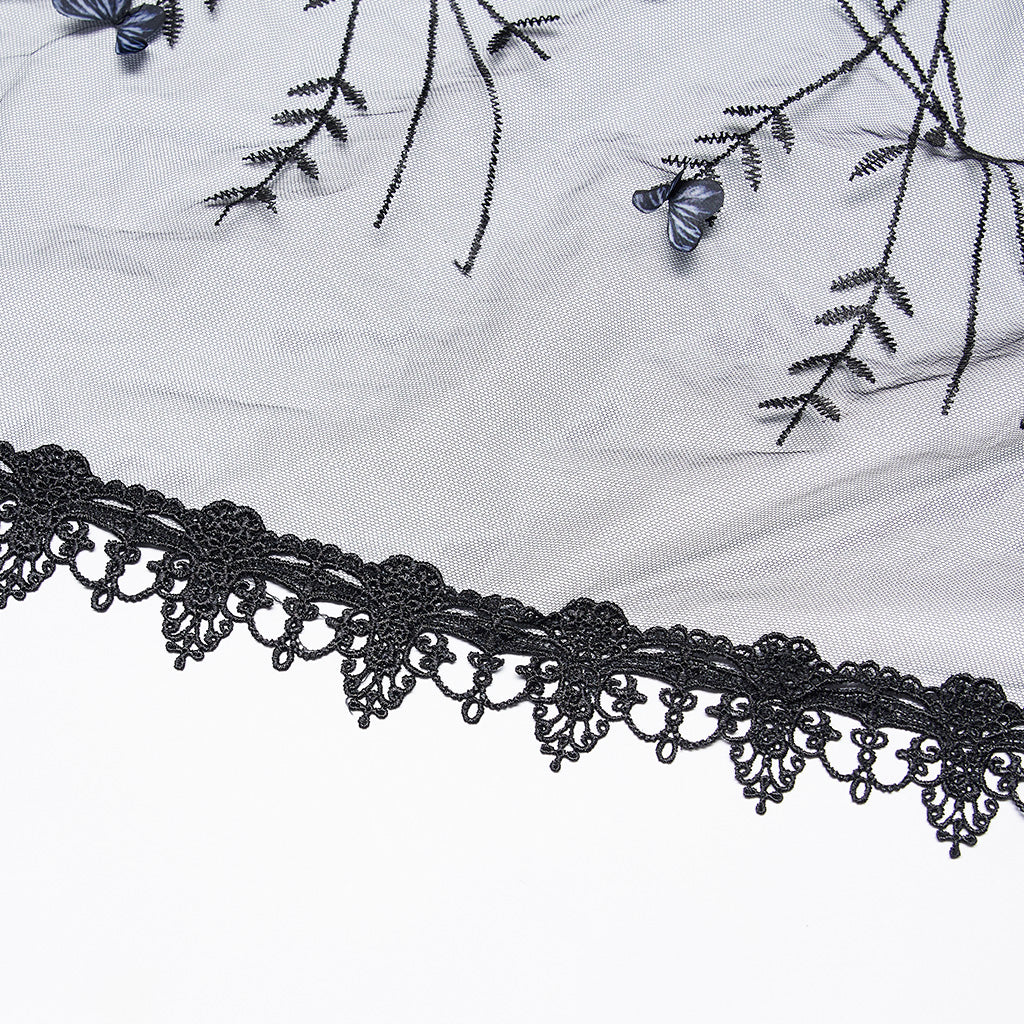 Gothic Monarch Veil: Black Wedding Bridal Veil with Butterfly Embroidered Lace Headwear