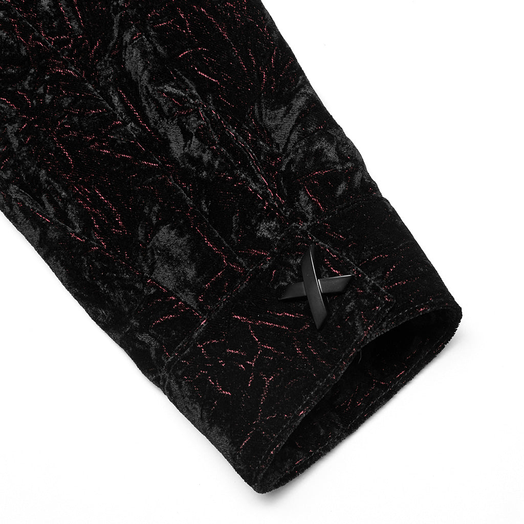 Gothic Dark Red Non-Elastic Velvet Wrinkled Effect Daily Shirt