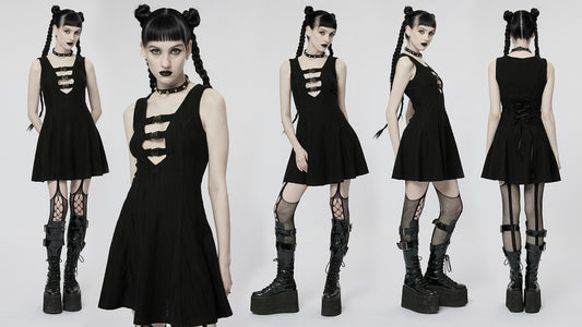 Cyberpunk Sleeveless Dress Hot Girl Sexy Hollow Out Nipped Waists A-shaped Skirt