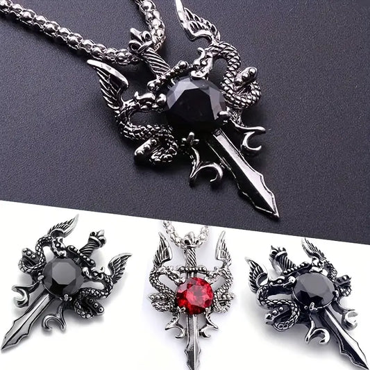 Gothic Sword Dragon Zircon Stone Pendant Necklace