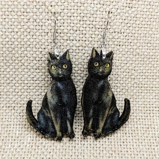 Mystic Feline Dangles: Black Cat Earrings