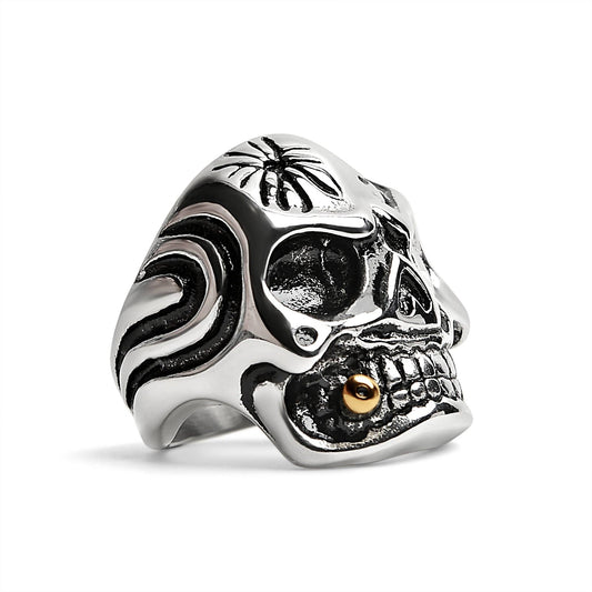 Stainless Steel Skull Smoking 18K Gold PVD Coated Cigar And Single CZ Eye Ring