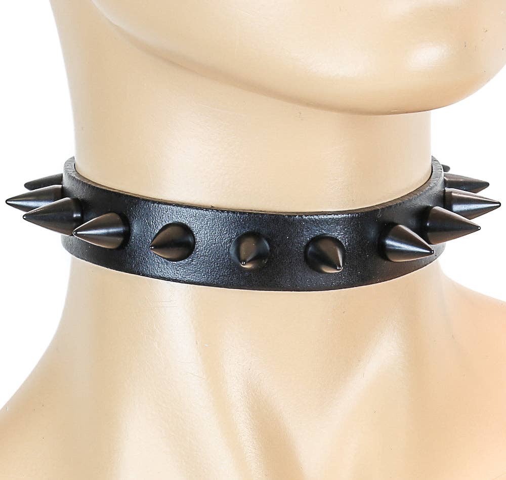Black Leather Small Cone Spikes Choker