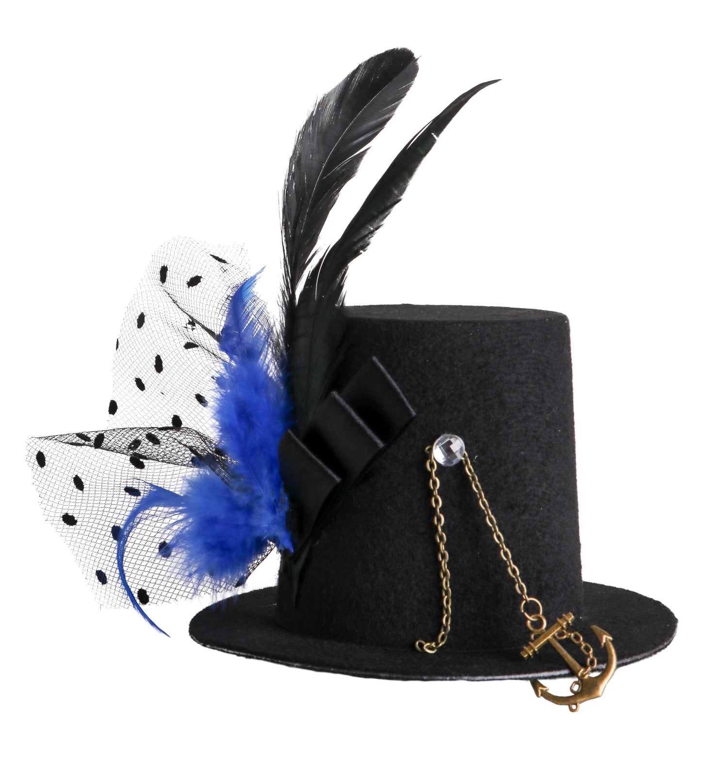 Black Steampunk Mini-Hat With Gears and Feathers