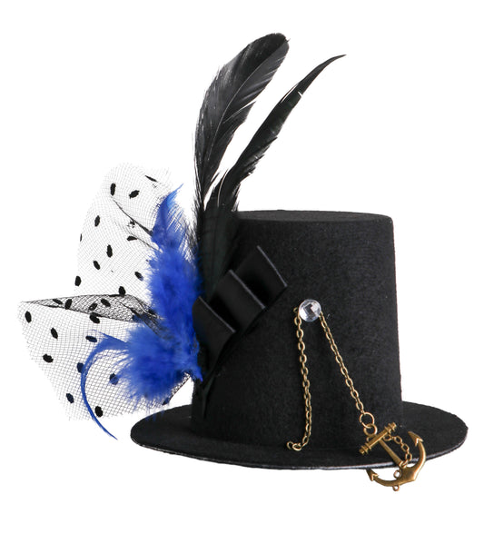 Black Steampunk Mini-Hat With Gears and Feathers